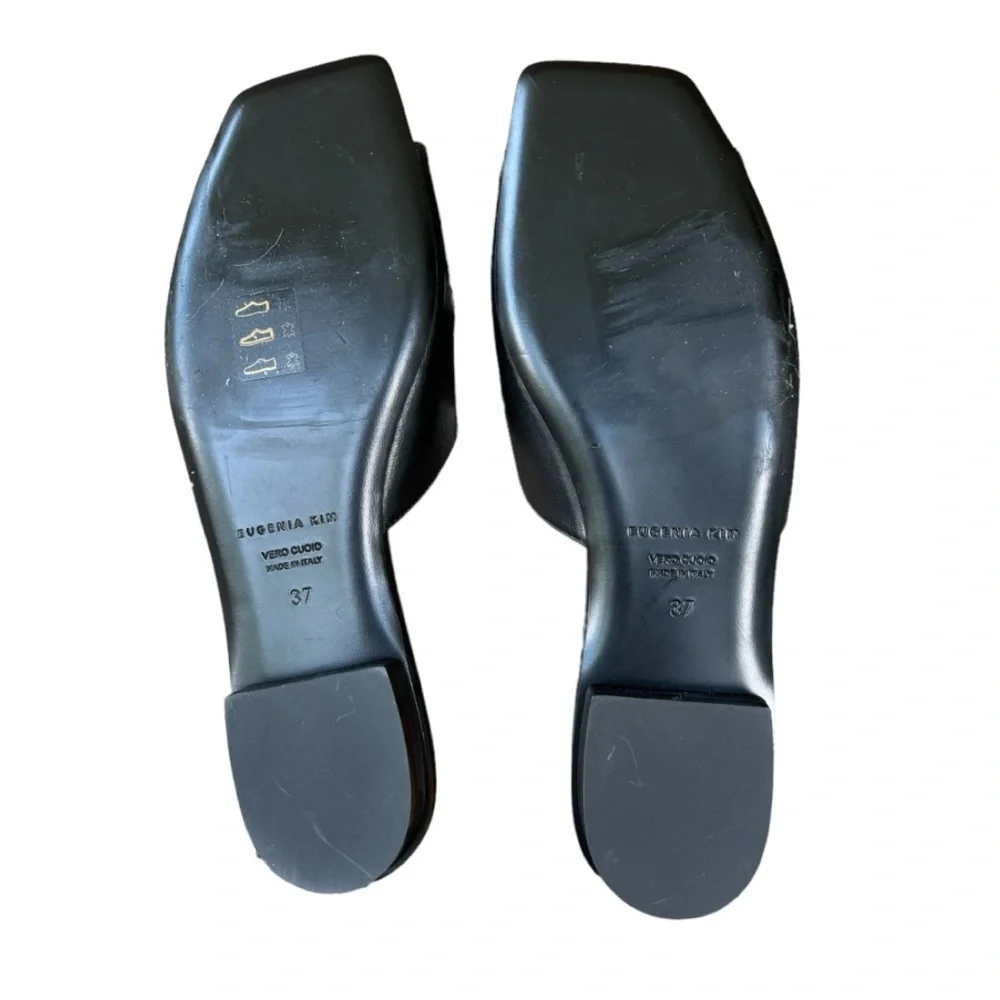 Eugenia Kim Black Leather Slides With Black Large Ostrich Feather Pom Pom Sz 37